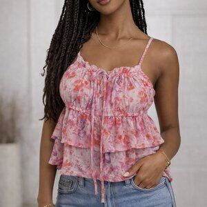 WILD FABLE Tiered Ruffle Butterfly Print Pink Tank Top Size Large